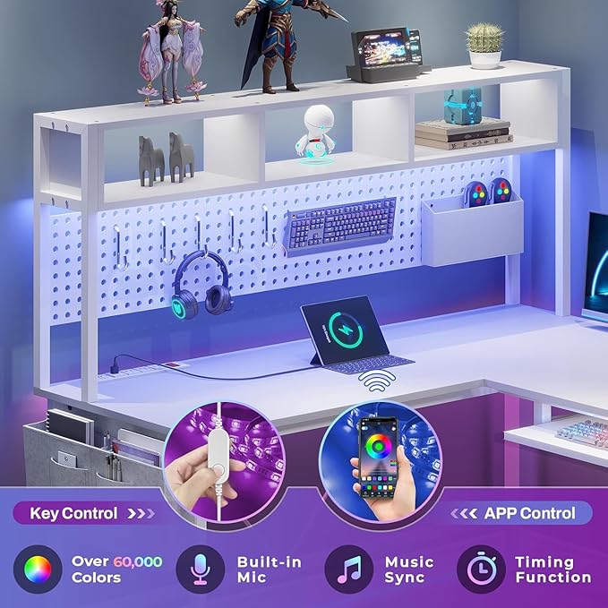 SEDETA White L Shaped Gaming Desk, Reversible Corner With Power Outlet and Pegboard, Hutch, Storage Shelf, Keyboard Tray, and LED Lights for Home Office