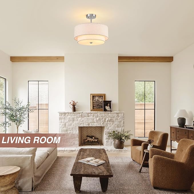 16" Semi Flush Mount Ceiling Light, Brushed Nickel 3 Light Double Drum Fabric Lampshade Lighting Fixtures for Living, Dining Room, Bedroom, Kitchen, Hallway (Canopy for Sloped/Flat Ceiling)