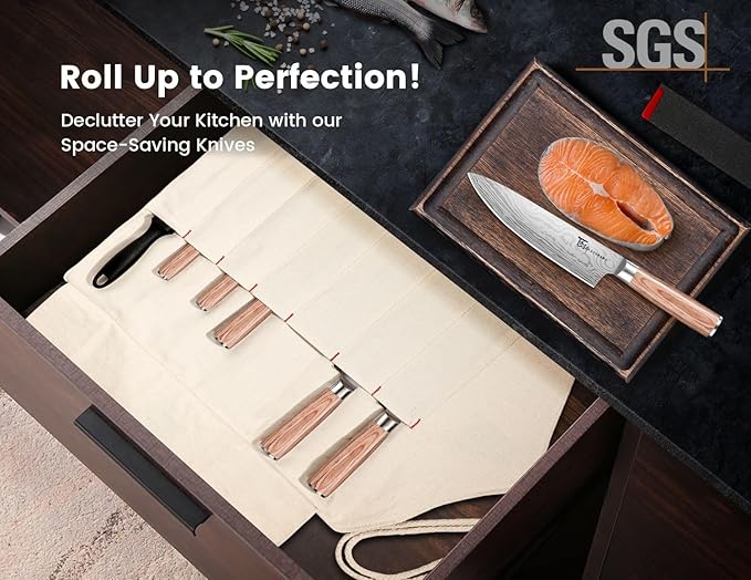 Chef Knife Set, 14pcs Japanese Kitchen Knife Set with Roll Bag, Pakkawood Handle, High Carbon Stainless Steel Professional Kitchen Knives for Camp Travel Outdoor Gift