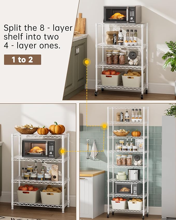 8 Tier Shelves Storage Shelf Wire Closet Bathroom Organizers Metal Pantry Kitchen Garage Shelving Unit Laundry Room Organization Home Rack Net Basket Black with Wheels 12”D X 22”W X 74.2”H