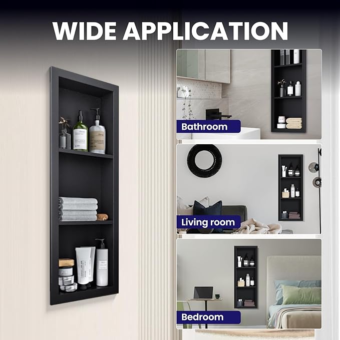 Stainless Steel Shower Niche 12" X 36"，3-Tier Recessed Wall Niche No Tile Needed Shower Shelf for Bathroom Storage (Black, 12 x 36)