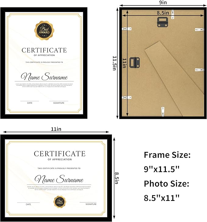 8.5x11 Picture Frame Black, 8.5 by 11 Award Certificate Diploma Document Frames for Wall or Tabletop Display, 1 Pack