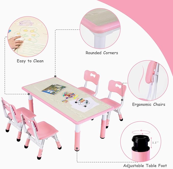 Arlopu Kids Table and 4 Chair Set, Height Adjustable Toddler Table and Chair Set, Non-Slip Legs, Graffiti Desktop, Large Children Activity Table, Reading Daycare Classroom Home (Pink)
