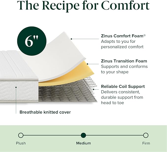 ZINUS 6 Inch Foam and Spring Hybrid Mattress [New Version], Twin XL, Fiberglass Free, Medium Firmness, Durable Support, Certified Safe Foams & Fabric, Mattress in A Box