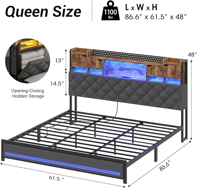 Queen Bed Frame with Upholstered Headboard, Bed Frame Queen Size with Hidden Storage,3-Tier Storage Shelves, LED Lights and Charging Station, Queen Bed with Noise-Free,Gray
