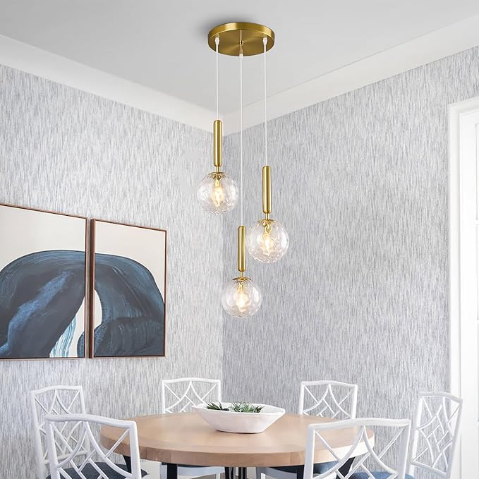 Mid Century Globe Pendant Light with Clear Glass for Kitchen Island Modern Gold Finish Hanging Light Fixture Retro Round Pendant Lighting for Living Room Bedroom Entryway(3 Lights)