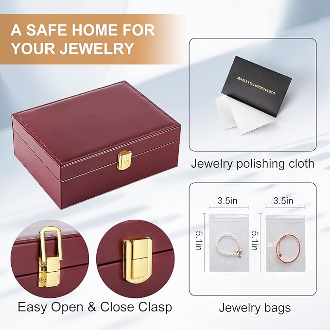 Jewelry Boxes for Women Girls PU Leather Jewelry Organizer Box 2 Layer Large Jewelry Storage Case Removable Tray for Necklace Earring Ring with Polishing Cloth and Jewelry Bags