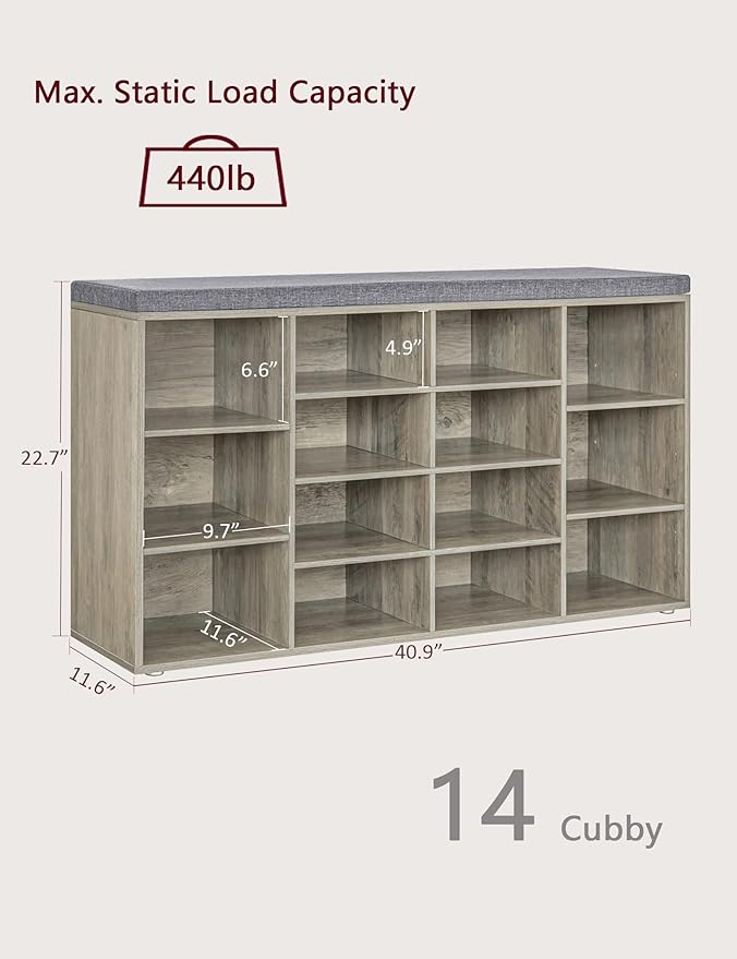 DINZI LVJ Shoe Storage Bench with Cushion, 14-Cubby Shoe Rack, Adjustable Shelves, Multifunctional Shoe Organizer Bench for Entryway, Mudroom, Hallway, Living Room, Bedroom and Garage, Gray Wash