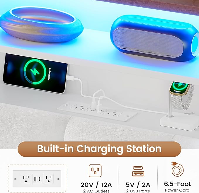 AOGLLATI King Size Bed Frame with 4 Storage Drawers, White King Bed Frame Wood with Charging Station (Type-C and USB), Led Light and Hidden Bookcase Headboard, White