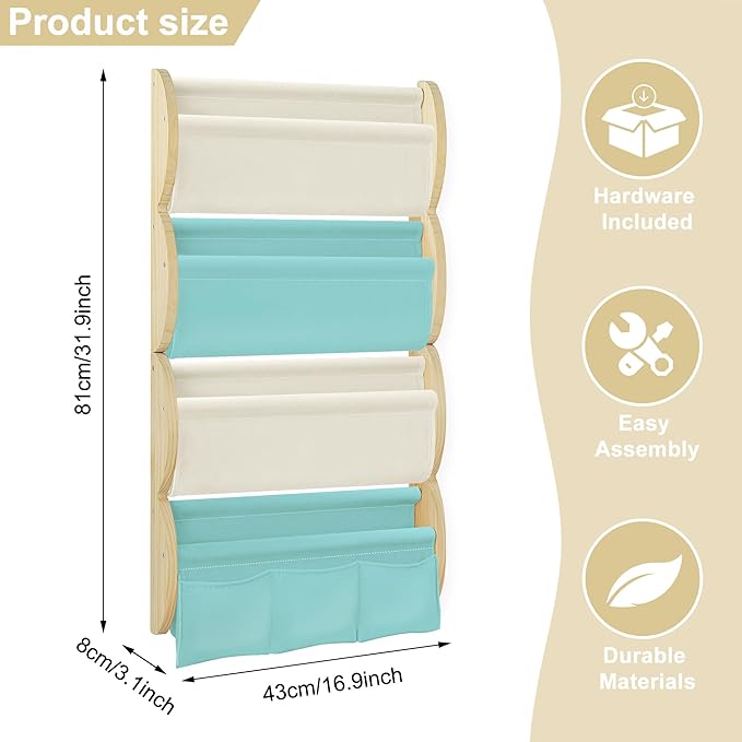 Wooden Wall Mounted Bookshelf for Kids Rooms, 4 Tier Floating Nursery Book Shelf, Kids Bookshelf with 2 Pockets, Toddler Sling Book Rack with Deep Sleeves (Blue)