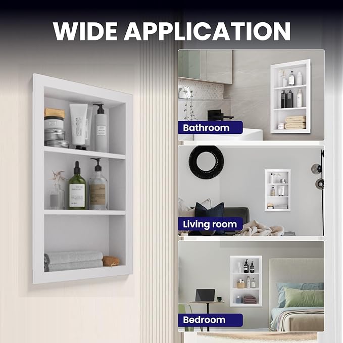 Stainless Steel Shower Niche 14" X 24"，3-Tier Shelf Niches Bathroom Shelf Recessed Wall Niche No Tile Needed Shower Shelf for Bathroom Storage (White, 14 x 24)