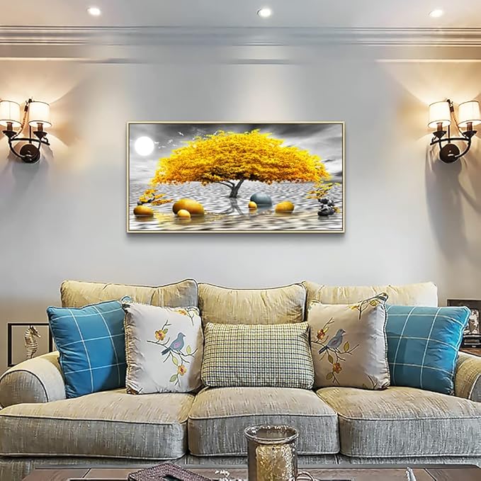 Black And White Wall Art - Framed Canvas Wall Decor For Living Room, Bedroom, Office - Large Size 24" X 48" - Boho Yellow Tree Painting - Natural Wood Frame