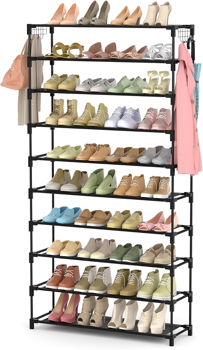 10 Tiers Shoe Rack 50 Pairs Large Capacity Tall Shoe Organizer Sturdy Shoe Storage with Two Hooks Space Saving Metal Wide Shoe Rack for Closet, Entryway, Bedroom, Black