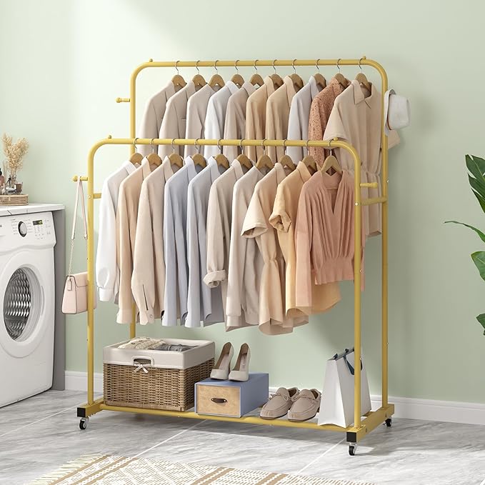 Laiensia Double Rods Garment Rack with Wheels, Clothing Rack for Hanging Clothes,4 Hooks, Multi-Functional Bedroom Clothes Rack, Gold