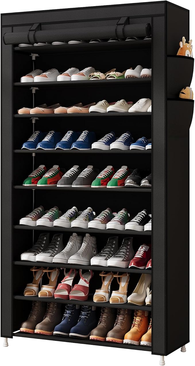 Laiensia 9-Tier Vertical Shoe Rack Organizer, Space Saving Shoe Storage Organizer, Non-Woven Cover Shoe Shelf Holds 36-45 Pairs for Bedroom, Hallway, Closet Entryway, Black