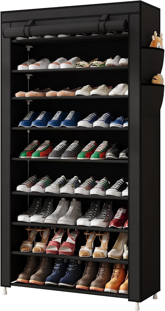 Laiensia 9-Tier Vertical Shoe Rack Organizer, Space Saving Shoe Storage Organizer, Non-Woven Cover Shoe Shelf Holds 36-45 Pairs for Bedroom, Hallway, Closet Entryway, Black