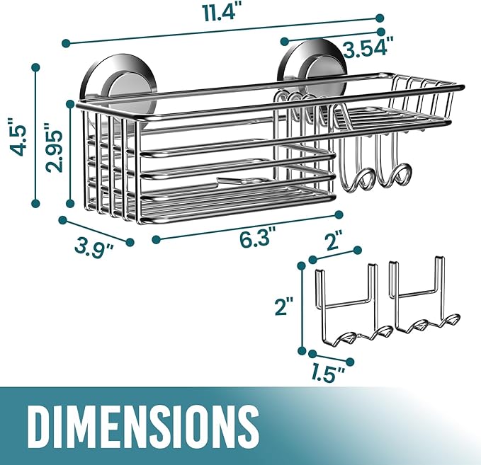TAILI Shower Caddy Suction Cup with Hooks & Soap Holder, Heavy Duty Bathroom Shower Organizers, Removable Shower Shelves for Inside Bathroom,Stainless Steel Silver Basket