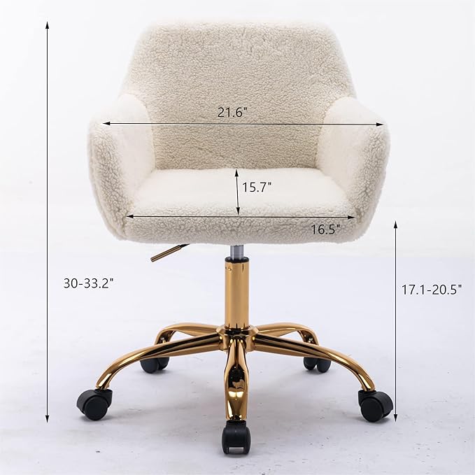 Goujxcy Fluffy Desk Chair, White Faux Fur Vanity Chair Swivel Office Chair for Girls Women, Height Adjustable Cute Teddy Furry Makeup Chairs for Bedroom Home Office