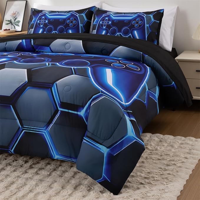NTBED 3D Gaming Comforter Set for Boys Kids Teens,5pcs Gamer Bedding Sets with Sheet,Game Console Bed in a Bag(Blue, Queen)