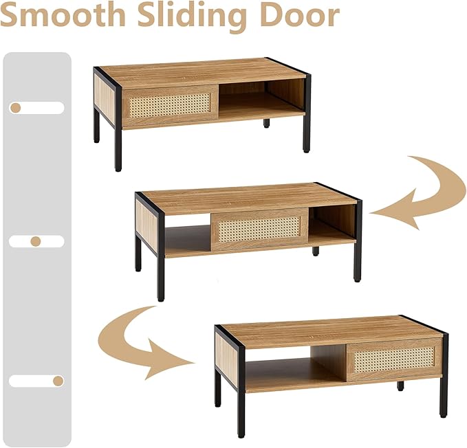Rattan Coffee Table 40.16" Mid Century Modern Coffee Table with Storage, Farmhouse Rectangle Wooden Accent Center Sofa Table with Rattan Sliding Door for Living Room (Natural)