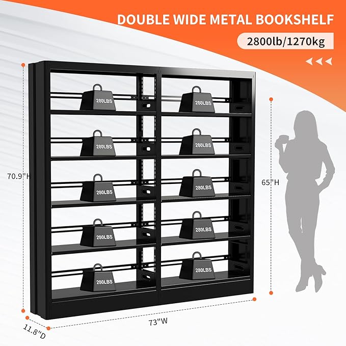 71" Metal Book Shelf, 5 Tier Bookshelf with Adjustable Shelves, Bookshleves and Bookcases, Heavy Duty Library Book Case, Expandable Combination Bookshelf (Black, 72.8" W)