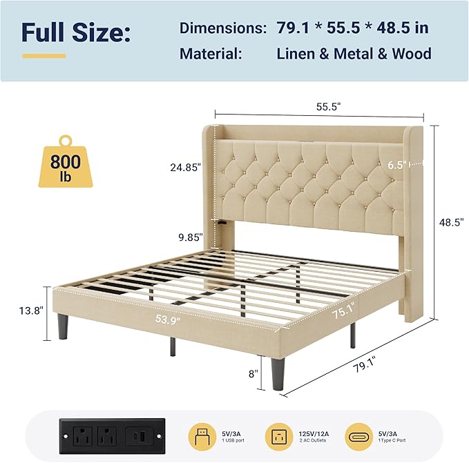 Allewie Full Size Bed Frame, Storage Headboard with Charging Station, Wingback Linen Upholstered, Diamond Stitched Button Tufted, Sturdy Wooden Slats, No Box Spring Needed, Easy Assembly, Beige