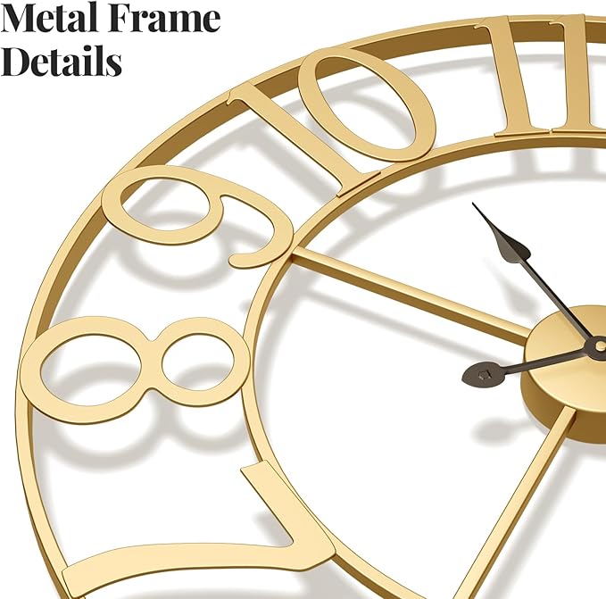 Large Wall Clock, 20 Inch Gold Decorative Wall Clocks Battery-Operated, Modern Metal Round Clock Silent Non Ticking Arabic Numerals for Living Room Kitchen Mantel Office Decor