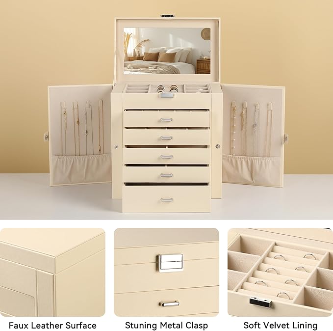 Frebeauty Large Jewelry Box,6-Tier PU Leather Jewelry Organizer,Multi-functional Storage Case with Mirror,Accessories Holder with 5 Drawers for Necklace Bracelets Watches(Beige)