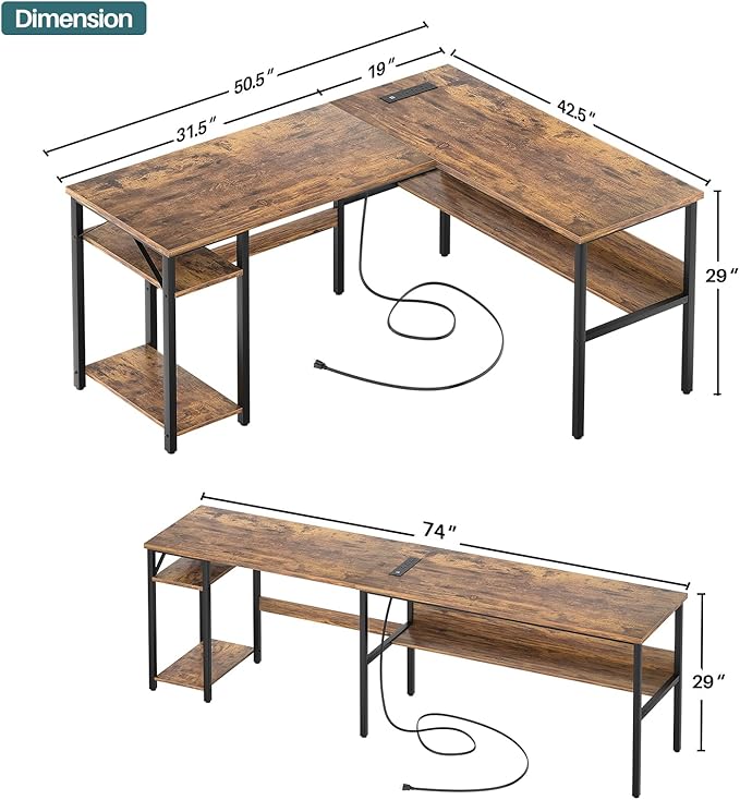 Unikito L Shaped Computer Desk with Magic Power Outlets and USB Charging Ports, Sturdy Reversible Corner Desk with Storage Shelves, Modern Work Desk for Home Office, Easy to Assemble, Rustic Brown