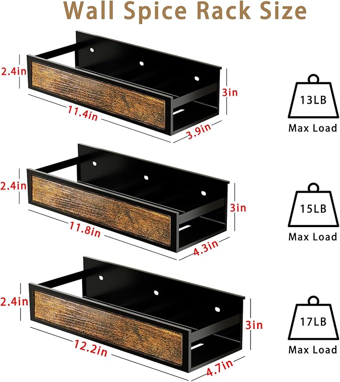 Spice Rack Wall Mount 6 Pack, Space-Saving Seasoning Organizer,Screw or Adhesive Hanging Spice Rack Organizer for Kitchen Cabinet and Wall (Engineered Wooden)