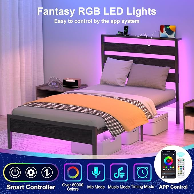 Twin Bed Frame with LED Lights & Charging Station, Storage Headboard, Heavy Duty Metal Slats, No Box Spring Needed, Noise-Free, Easy Assembly, Black