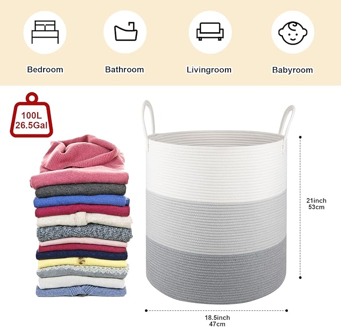 OIAHOMY 100L Laundry Hamper, Dirty Clothes Hamper for Bedroom, Collapsible Laundry Basket, Large Blanket Basket, Nursery Hamper with Handle, Blanket Storage for Living Room-18.5x21inches-Gradient Grey