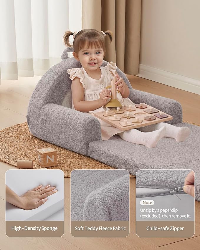 Blissful Diary Foldable Toddler Couch, 2-in-1 Comfy Toddler Chair & Lounger for Reading, Nap, Playroom, Kids Couch Sofa for 1 2 3+ Year Old Girls Boys Birthday Gift, Light Gray Arclet