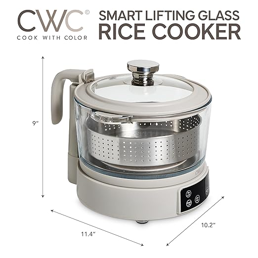 COOK WITH COLOR 3L Glass Low Carb Rice Cooker - Makes 6 Cups Cooked Low Sugar Rice with Auto Lift Filter Basket, Hotpot & Steamer for Rice, Grains and Oats, Digital Panel with Keep Warm, Sand