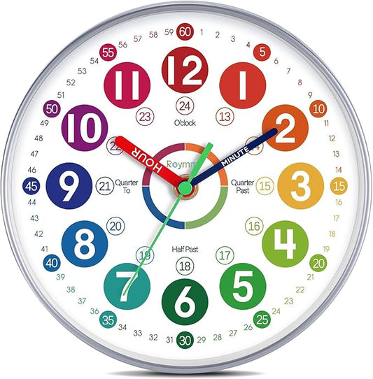 Learning Clock for Kids 10 Inch Learning to Tell Time Easily Colorful Teaching Time Clock Silent Non Ticking Battery Operated Decorative for Kids Room Classroom School Bedroom