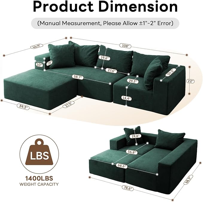 Vamcheer Modular Sectional Sofa - Modern L Shaped Boneless Couch with Deep Seat, Upholstered Sectional Couches for Living Room, Bedroom, Office, No Assembly Required, Green