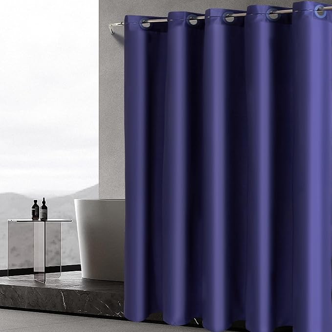 Furlinic No Hook Fabric Shower Curtain,Small Stall Shower Curtain Liner,Bathroom Curtains with 6 Plastic Split Grommets,Waterproof & Machine Washable,Navy Blue,Half Narrow 48x72 Inch.