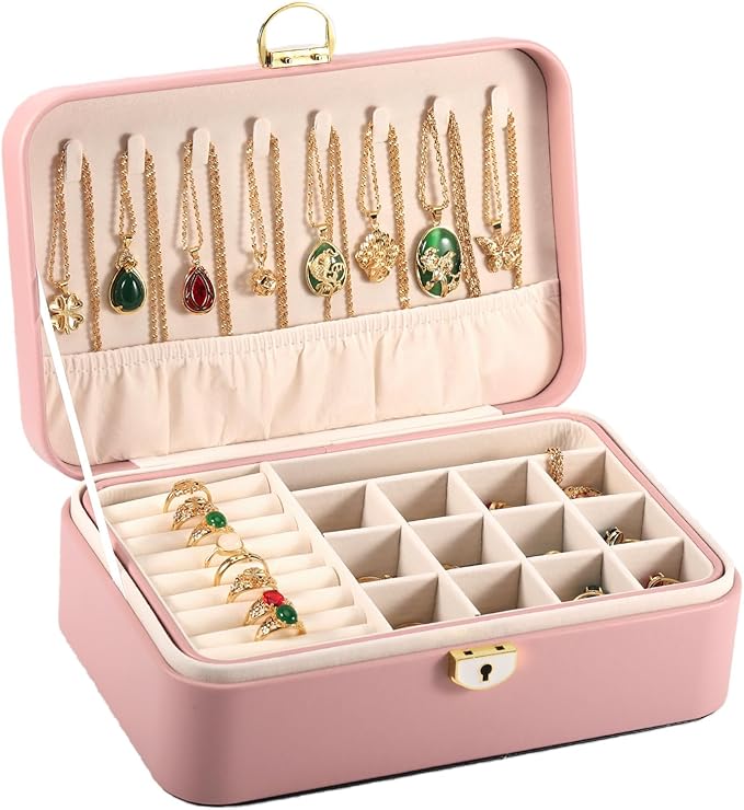 Travel Jewelry Case With Lock, 2-Layer PU Leather Jewelry Box for Women, Ring Box and Jewelry Organizer, Large Jewelry Travel Case,Best Gifts for Women for the Holidays(Pink)