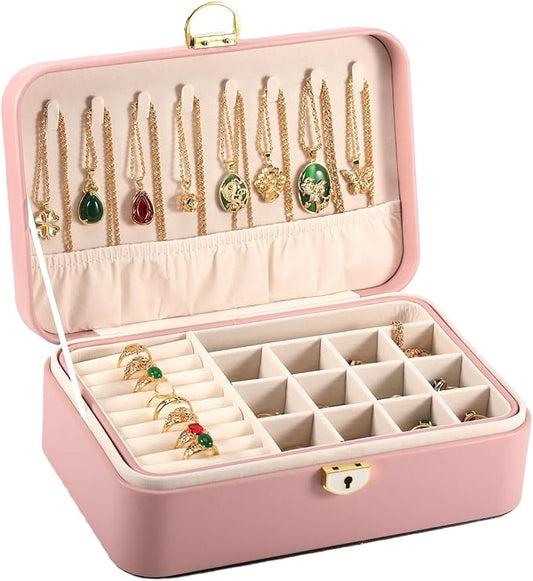 Travel Jewelry Case With Lock, 2-Layer PU Leather Jewelry Box for Women, Ring Box and Jewelry Organizer, Large Jewelry Travel Case,Best Gifts for Women for the Holidays(Pink)
