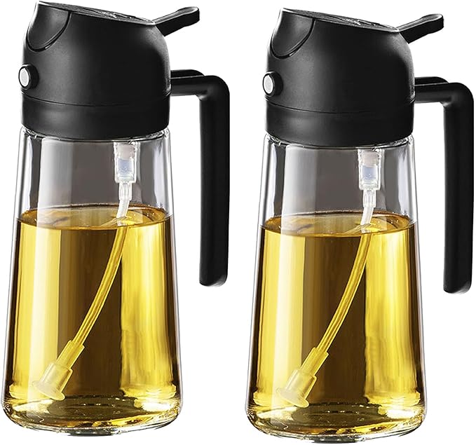 TrendPlain 16oz/470ml Glass Olive Oil Sprayer for Cooking – 2 in 1 Olive Oil Dispenser Bottle for Kitchen Gadgets and Air Fryer Accessories, Salad, BBQ - 2 Black
