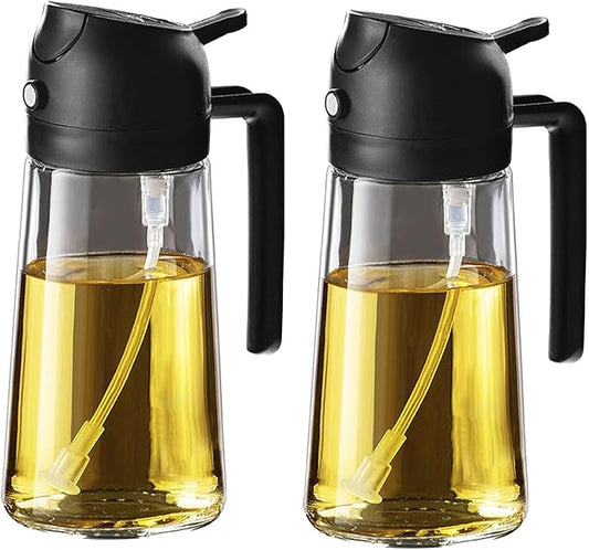 TrendPlain 16oz/470ml Glass Olive Oil Sprayer for Cooking – 2 in 1 Olive Oil Dispenser Bottle for Kitchen Gadgets and Air Fryer Accessories, Salad, BBQ - 2 Black