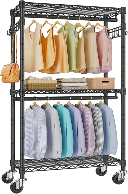 VIPEK R2 Medium Rolling Clothes Rack Heavy Duty Clothing Rack for Hanging Clothes Adjustable Metal Wire Shelving Portable Closet with Wheels Side Hooks, Freestanding Closet Wardrobe, Black