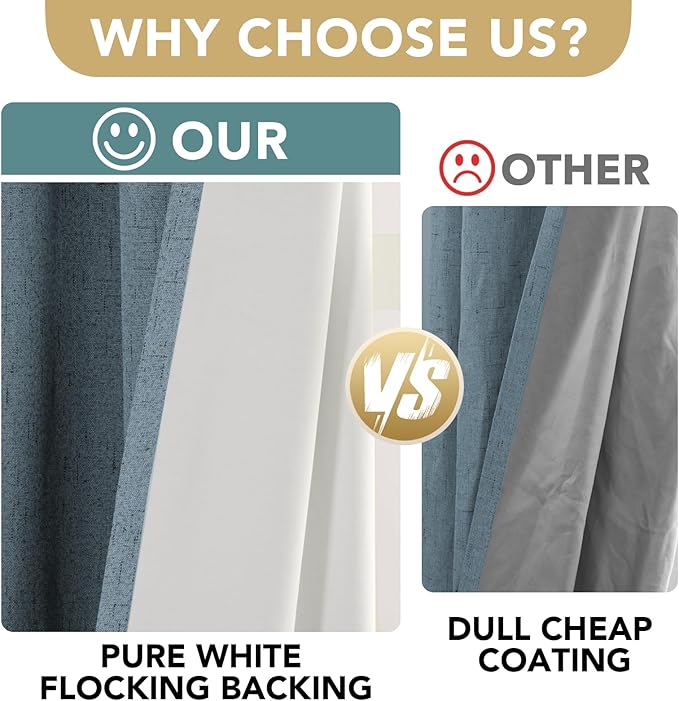 H.VERSAILTEX Primitive Linen Curtains 100% Blackout Curtain Drapes Burlap Curtains with White Thermal Insulated Liner, Grommet Top Drapes Living Room/Bedroom (2 Panels, 42 x 63 Inch, Stone Blue)