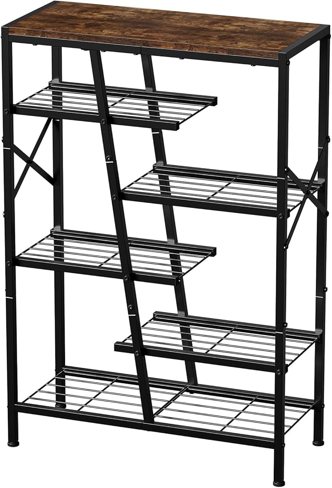 Shoe Rack, 6-Tier Boot Rack, Wooden Storage Organizer for Tall Boots, Sneakers, Metal Shoe Rack Organizer with Metal Mesh Shelves, 10-12 Pairs of Shoes for Closet, Entryway, Rustic Brown