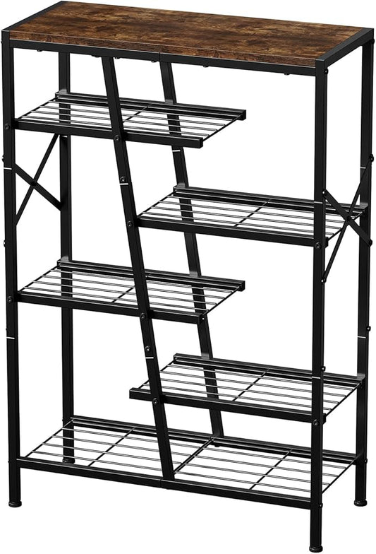 Shoe Rack, 6-Tier Boot Rack, Wooden Storage Organizer for Tall Boots, Sneakers, Metal Shoe Rack Organizer with Metal Mesh Shelves, 10-12 Pairs of Shoes for Closet, Entryway, Rustic Brown