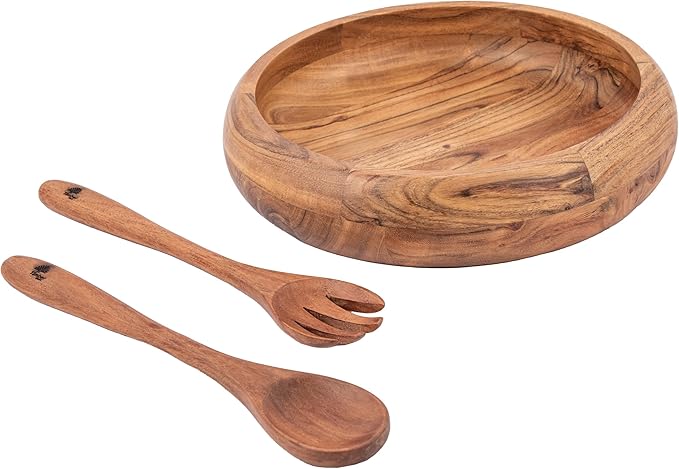 Acacia Wood Bowl Set – Round Wooden Serving Bowl with Spoon and Fork, Handmade Large Fruit and Salad Bowl, Natural Finish, Rustic Kitchen Dining Tableware for Snacks, Meals & Hosting – 2.5 Inch Deep