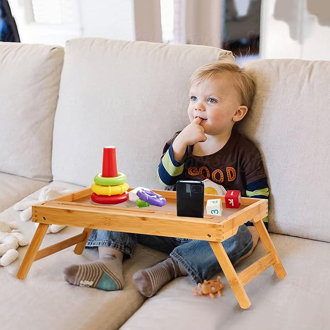 Bed Tray Table with Foldable Legs, Breakfast Food Trays for Eating on Couch with Media Slot for Bed, Eating, TV Tray, Kitchen Serving Tray(Bamboo, Medium)