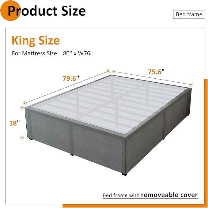 18 Inch King Bed Frame with Fabric Cover, Heavy Duty King Platform Bed Frame Support Up to 3000 lbs, Easy Assembly, Noise Free, Black