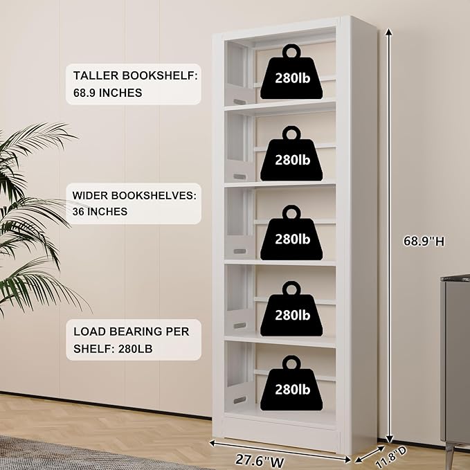 Book Shelf,5-Tier White Bookshelf, Office Bookcases and Bookshelves,Tall Metal Storage Organizer,Freestanding Bookshelf for Library,Living Room,Home Office (W:27.6")