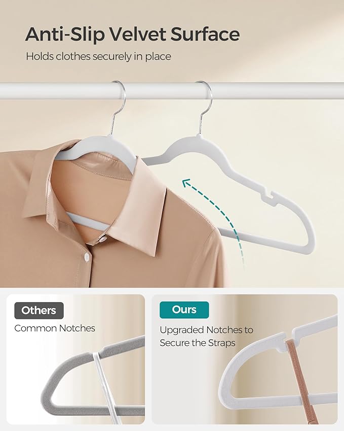 SONGMICS Velvet Hangers 50 Pack, Non-Slip Clothes Hangers, Suit Hangers with Shoulder Notches, Pants Bar, 360° Swivel Hook, Space-Saving, for Closet, Cloud White UCRF029W05